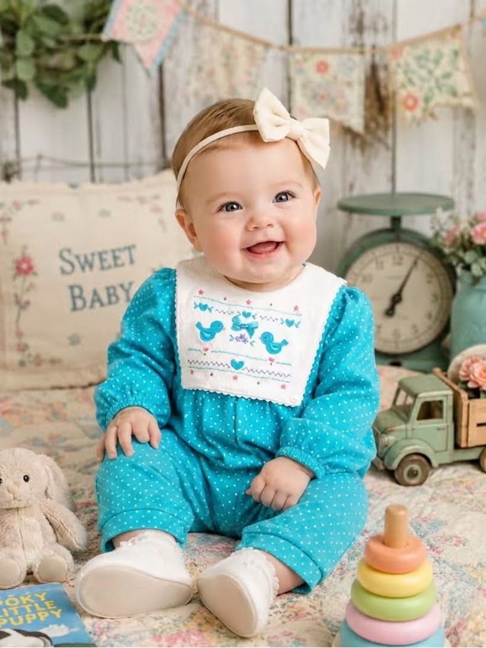 Vintage Buster Brown Baby Jumpsuit 12M NWT Teal Polka Dot Smocked Bird 90s